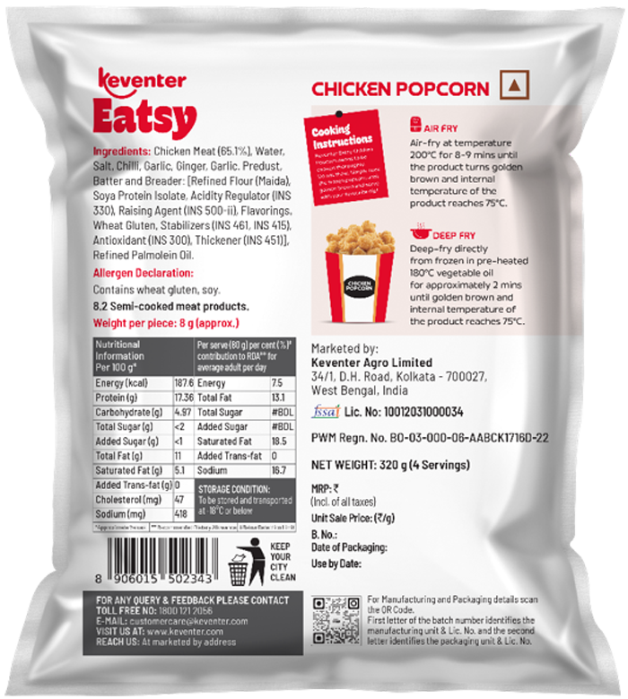 Keventer Eatsy Chicken Popcorn Back 320g